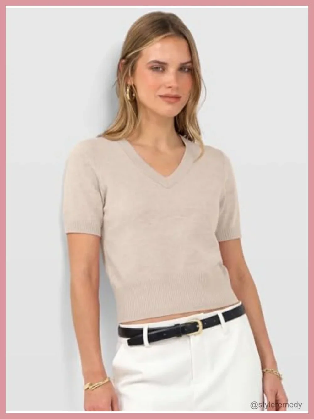 Short Sleeve V-Neck Cropped Ribbed Knit Sweater Pullover for Women Business